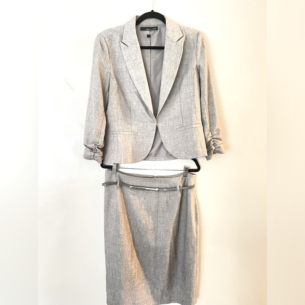 Amanda + Chelsea ladies skirt suit with 3/4 sleeves in gray